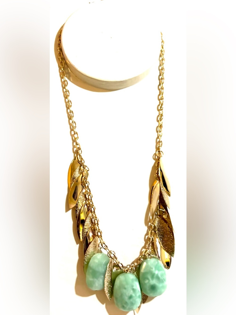 Gold Leaf Necklace with Aqua Stone Accents - Women's Jewelry